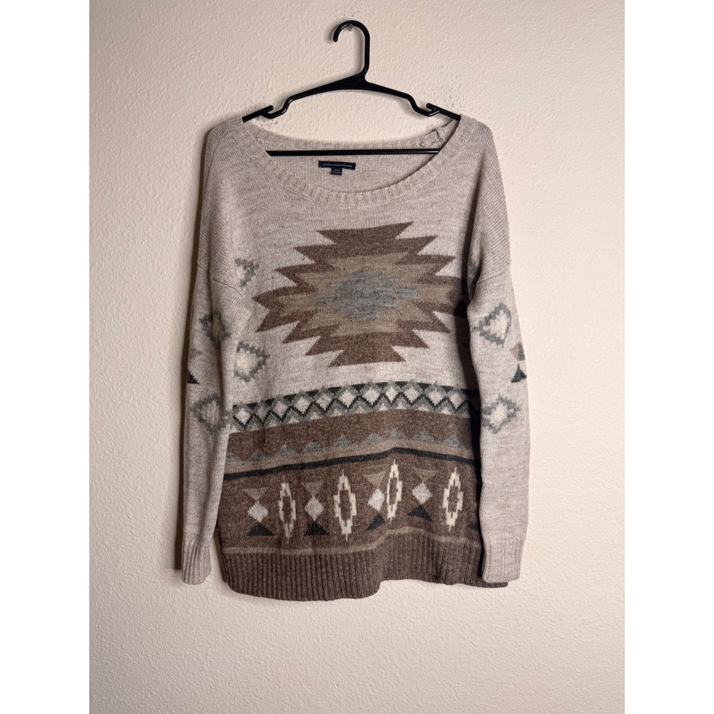 American Eagle Southwest Aztec Knit Sweater Wool Blend Beige Earth Tone Pullover